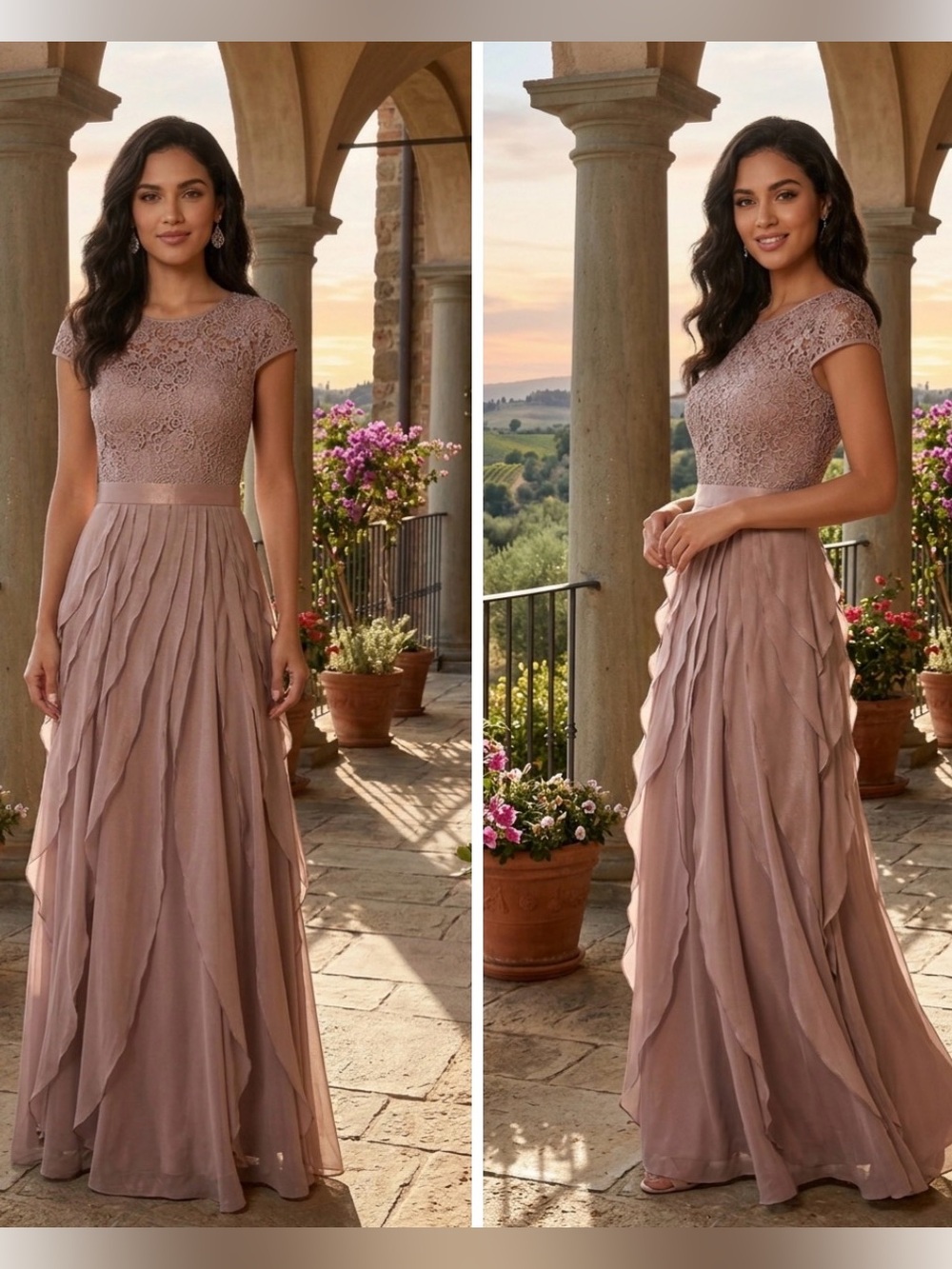 Adrianna Papell Mauve Lace Bodice Ruffled Chiffon Maxi Dress